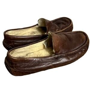 UGG Mens Ascot Dark Brown Leather Sherpa Slippers Shoes Size 8